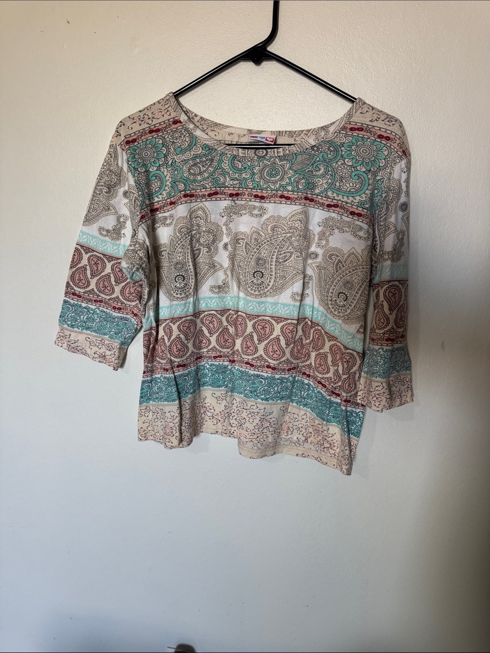 Paisley Printed Scoop-Neck Tunic Top in Teal and Beige